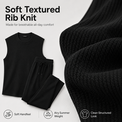 Mens 2 Piece Rib Knit Sweatsuit Summer Sleeveless Tank Top Baggy Wide Leg Pants Set Vacation Beach Outfit for Men