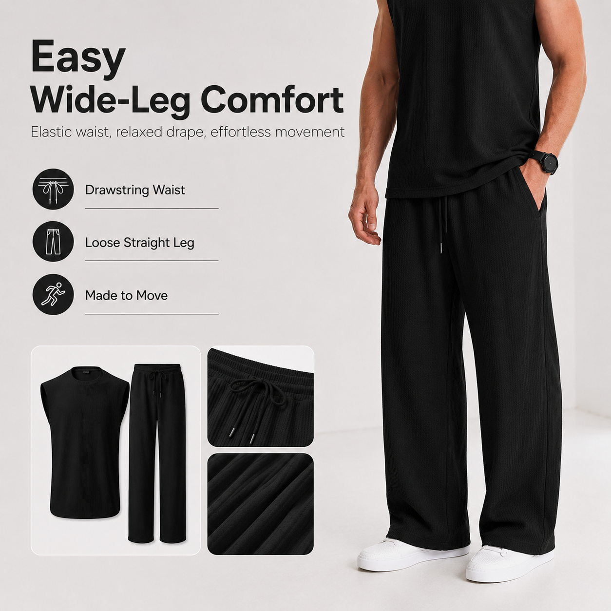 Mens 2 Piece Rib Knit Sweatsuit Summer Sleeveless Tank Top Baggy Wide Leg Pants Set Vacation Beach Outfit for Men