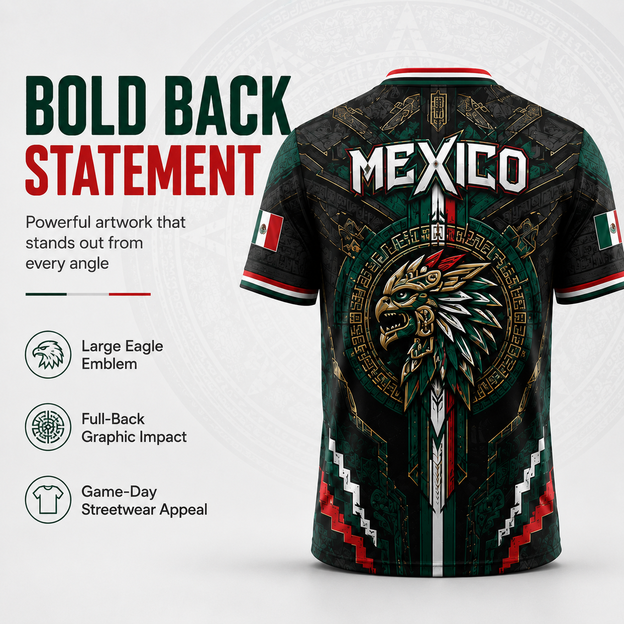 2026 New Mexico Eagle Warrior V-Neck Sports Jersey, Aztec Calendar Graphic Short Sleeve Shirt for Men, Green Black Soccer Fan Tee,summerwins