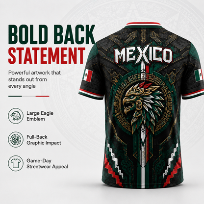 2026 New Mexico Eagle Warrior V-Neck Sports Jersey, Aztec Calendar Graphic Short Sleeve Shirt for Men, Green Black Soccer Fan Tee,summerwins