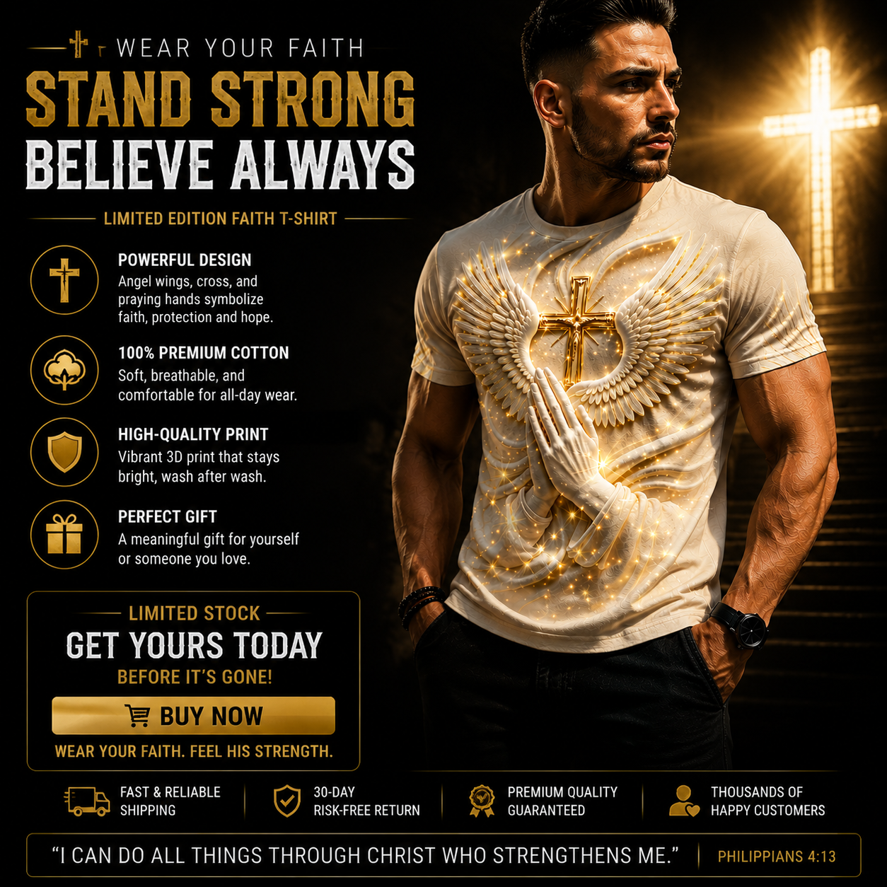 ✝️ Angel Wings Prayer Cross T-Shirt – Faith Inspired 3D Spiritual Graphic Tee for Men