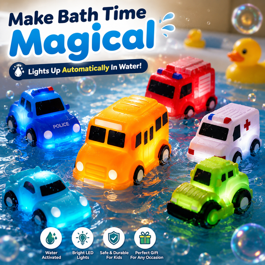 🚨LAST DAY ONLY⏰！🚗 6PCS Water-Activated Light-Up Bath Toy Cars – Traffic & Construction Vehicles for Kids