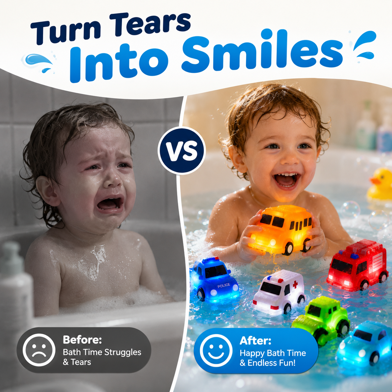 🚨LAST DAY ONLY⏰！🚗 6PCS Water-Activated Light-Up Bath Toy Cars – Traffic & Construction Vehicles for Kids