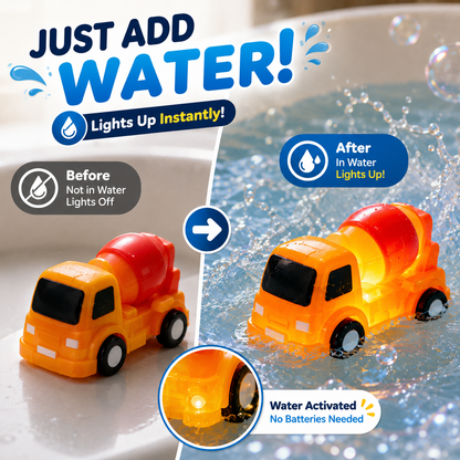 🚨LAST DAY ONLY⏰！🚗 6PCS Water-Activated Light-Up Bath Toy Cars – Traffic & Construction Vehicles for Kids