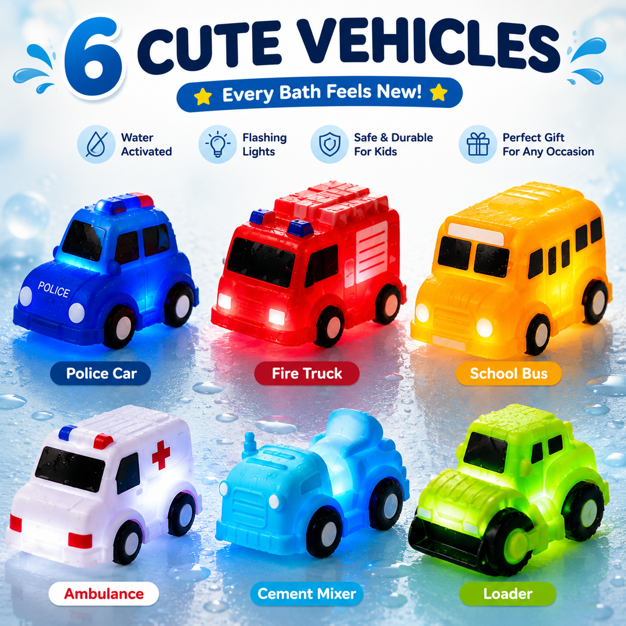 🚨LAST DAY ONLY⏰！🚗 6PCS Water-Activated Light-Up Bath Toy Cars – Traffic & Construction Vehicles for Kids