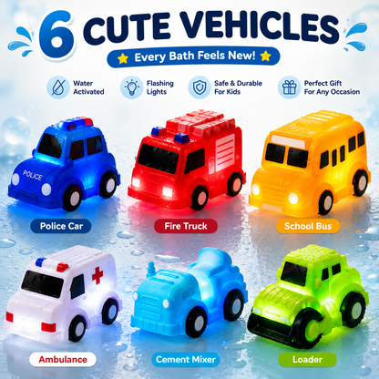 🚨LAST DAY ONLY⏰！🚗 6PCS Water-Activated Light-Up Bath Toy Cars – Traffic & Construction Vehicles for Kids