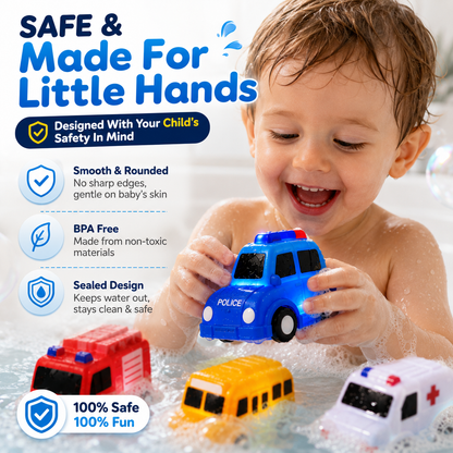 🚨LAST DAY ONLY⏰！🚗 6PCS Water-Activated Light-Up Bath Toy Cars – Traffic & Construction Vehicles for Kids