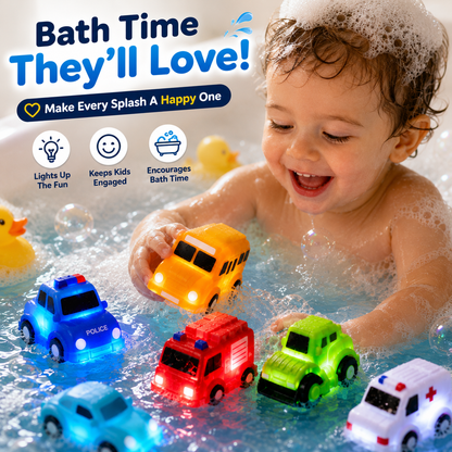 🚨LAST DAY ONLY⏰！🚗 6PCS Water-Activated Light-Up Bath Toy Cars – Traffic & Construction Vehicles for Kids