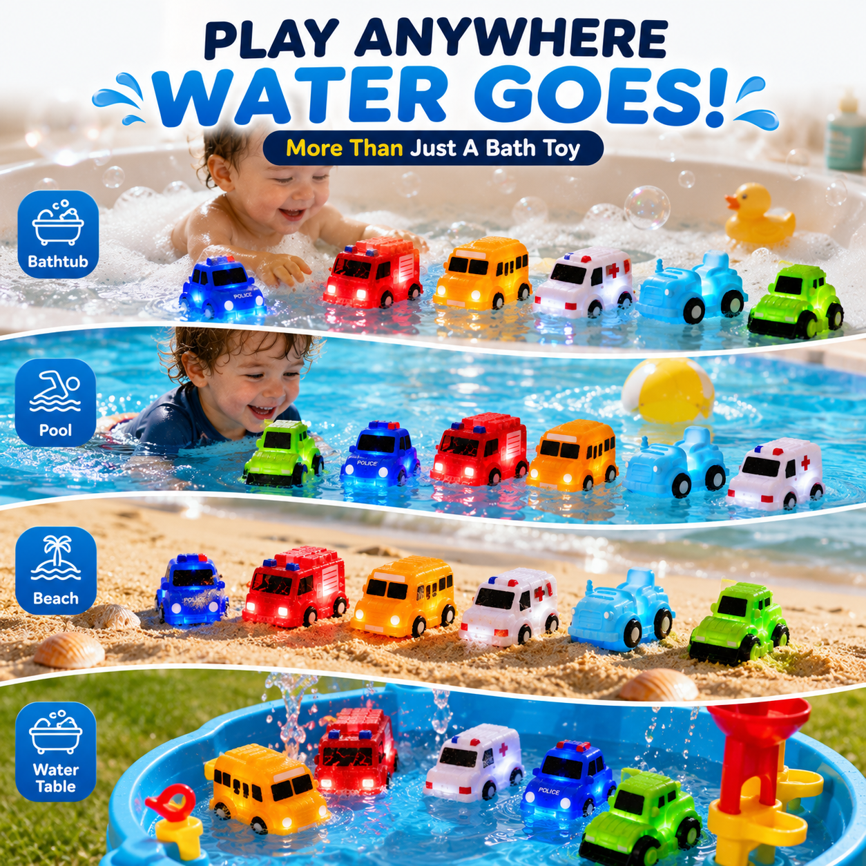 🚨LAST DAY ONLY⏰！🚗 6PCS Water-Activated Light-Up Bath Toy Cars – Traffic & Construction Vehicles for Kids