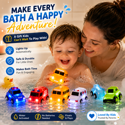 🚨LAST DAY ONLY⏰！🚗 6PCS Water-Activated Light-Up Bath Toy Cars – Traffic & Construction Vehicles for Kids