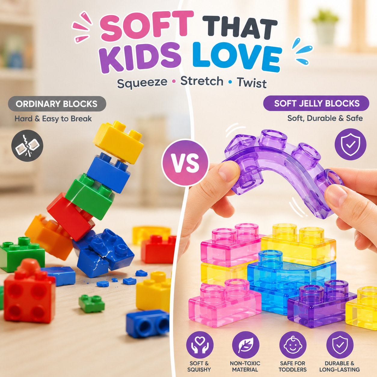 🔥Best Sale🥇🧩 Soft Jelly Building Blocks – Sensory STEM Toy for Kids, Squishy Stretchable Bath Blocks (40PCS)