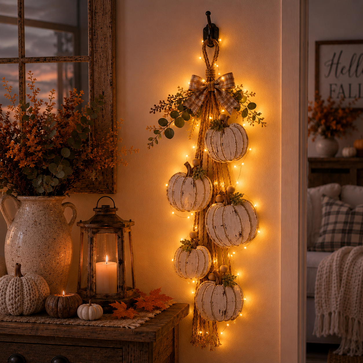 🔥Last Day 50% OFF -🎃 Rustic White Pumpkin Hanging Swag – 5-Pumpkin Fall Door & Wall Decoration for Farmhouse Autumn Decor