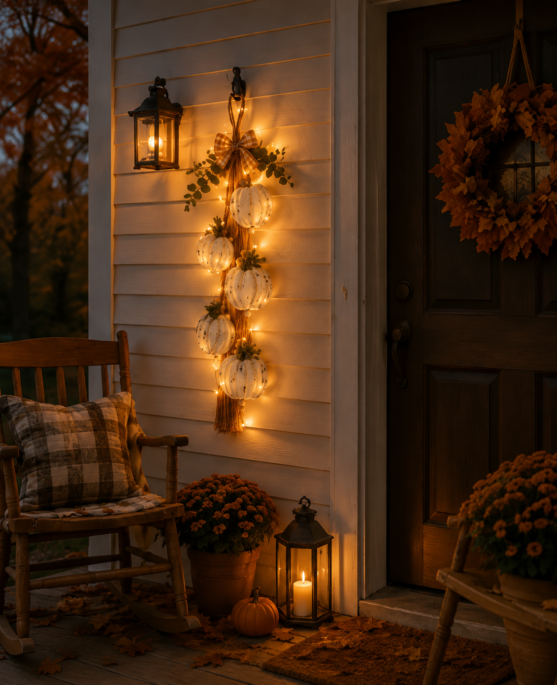 🔥Last Day 50% OFF -🎃 Rustic White Pumpkin Hanging Swag – 5-Pumpkin Fall Door & Wall Decoration for Farmhouse Autumn Decor
