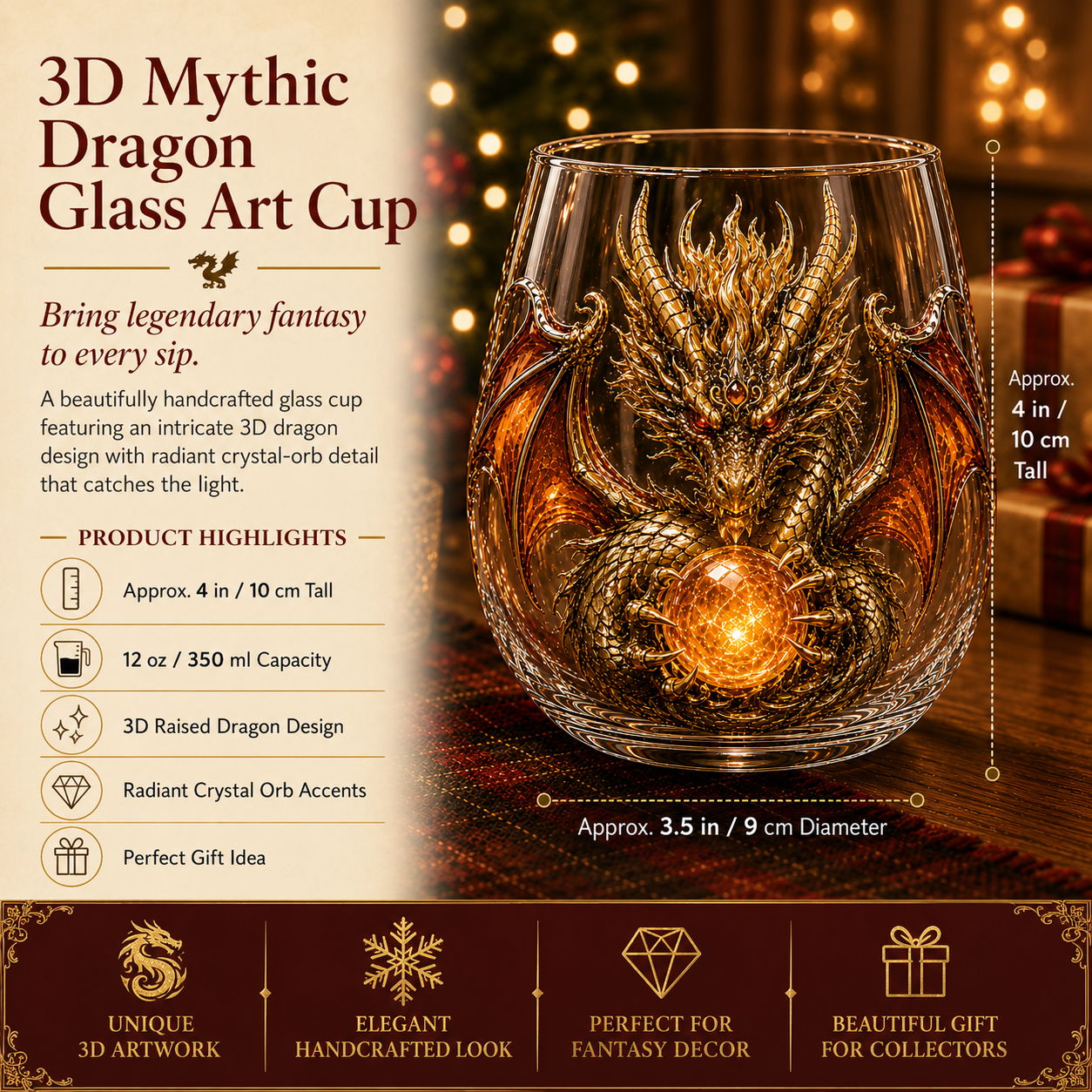 🐉✨ 3D Mythic Dragon Glass Art Cup | Luxury Raised Fantasy Glassware for Whiskey, Home Bar Décor & Legendary Gifts 🎁