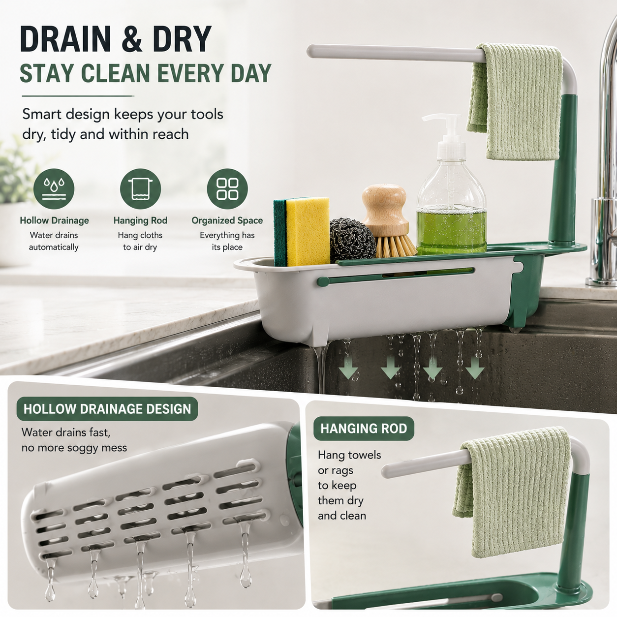 ✨ Adjustable Telescopic Sink Organizer – Drain, Dry & Declutter Any Sink Size