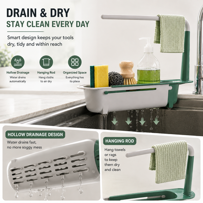 ✨ Adjustable Telescopic Sink Organizer – Drain, Dry & Declutter Any Sink Size