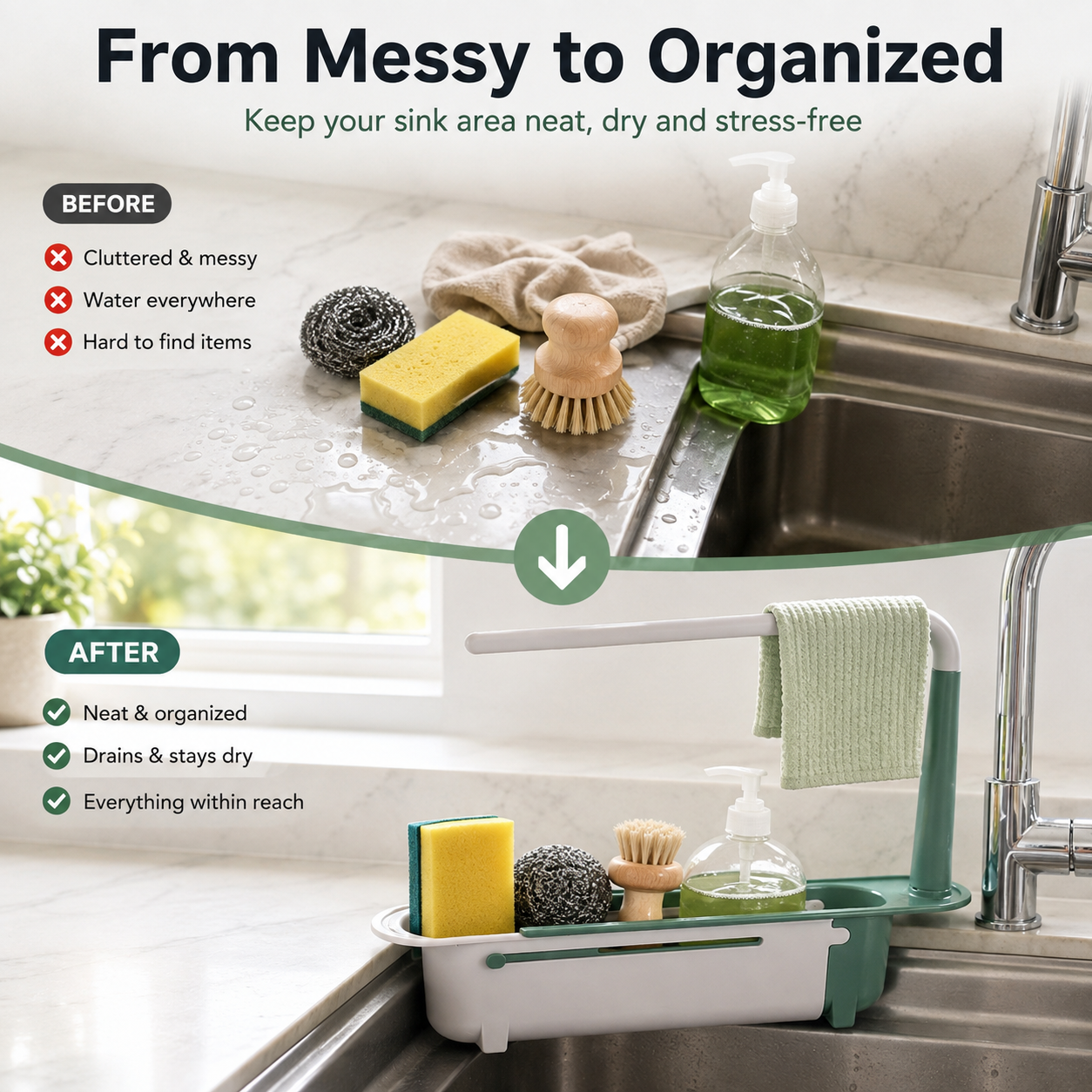 ✨ Adjustable Telescopic Sink Organizer – Drain, Dry & Declutter Any Sink Size