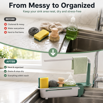 ✨ Adjustable Telescopic Sink Organizer – Drain, Dry & Declutter Any Sink Size