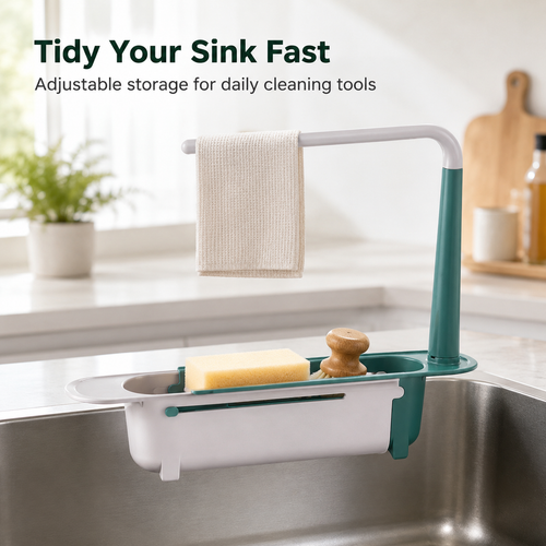 ✨ Adjustable Telescopic Sink Organizer – Drain, Dry & Declutter Any Sink Size