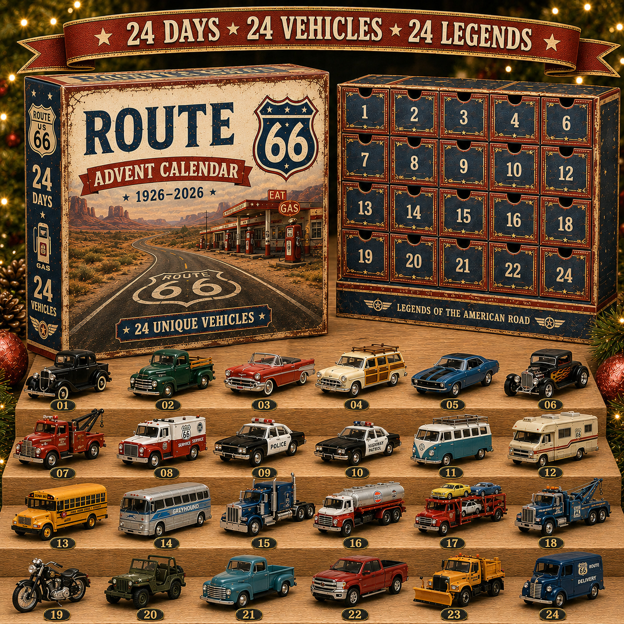 🚗Route 66 Centennial Advent Calendar – 24 Days of American Road Legends | 1926–2026 Collector’s Edition🎄