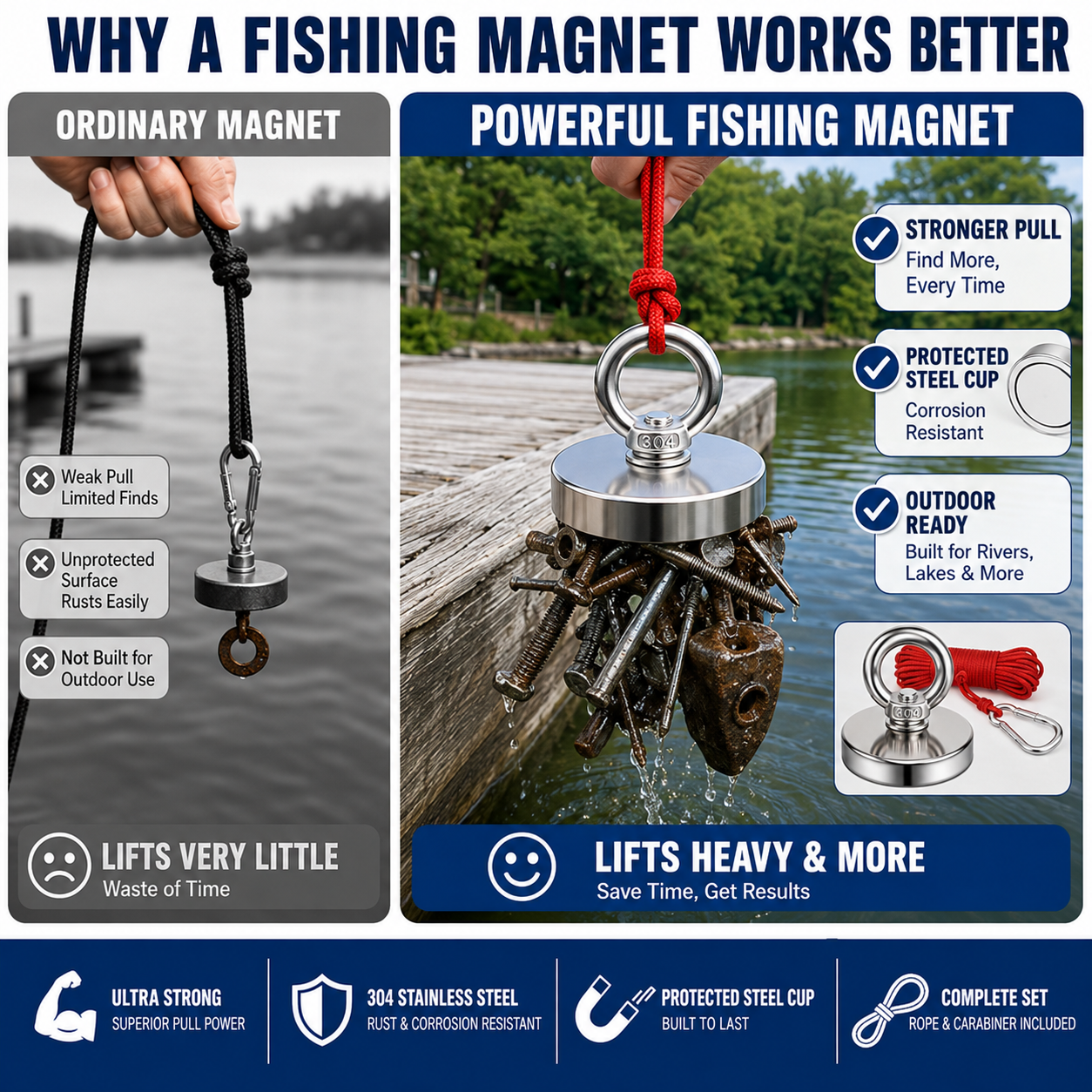 🧲 Heavy Duty Fishing Magnet – Strong Retrieval Magnet with Countersunk Eyebolt