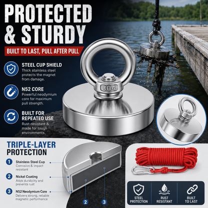 🧲 Heavy Duty Fishing Magnet – Strong Retrieval Magnet with Countersunk Eyebolt