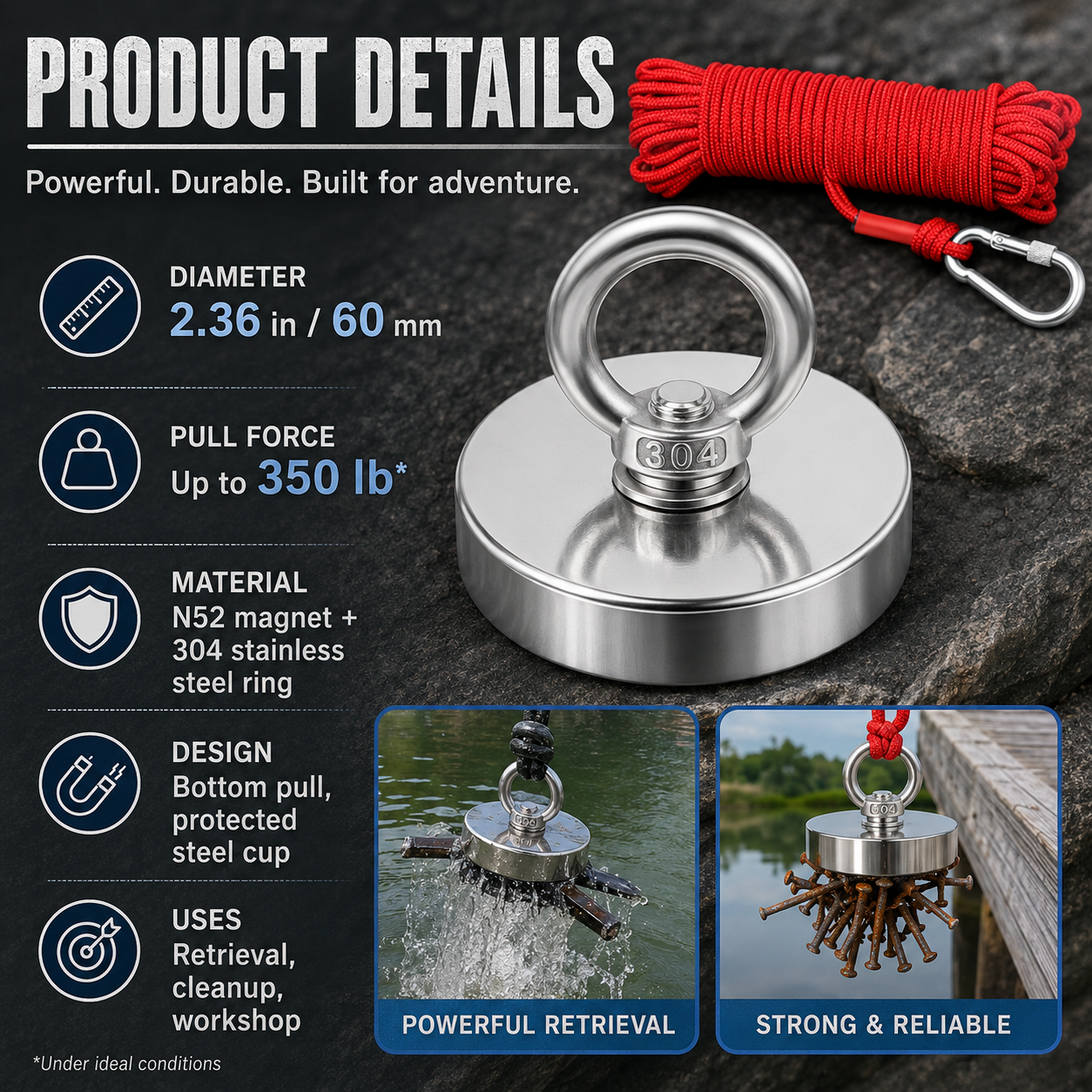 🧲 Heavy Duty Fishing Magnet – Strong Retrieval Magnet with Countersunk Eyebolt