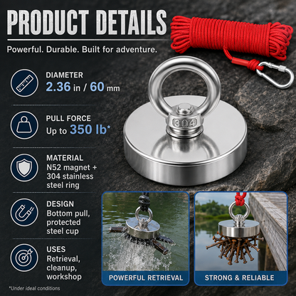 🧲 Heavy Duty Fishing Magnet – Strong Retrieval Magnet with Countersunk Eyebolt