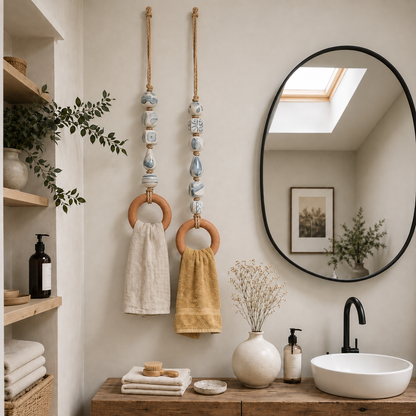 🌊💙 Coastal Blue Beaded Towel Hanger with Natural Wooden Ring 🪵✨ – Boho Farmhouse Decor 🏡🌿