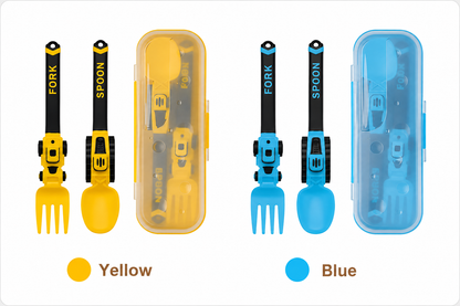 Construction Vehicle Kids Utensil Set 🚜 | 3-Piece Feeding Set with Spoon, Fork & Storage Case | Soft Grip | Dishwasher Safe | Perfect for Travel & Home | Gift Set Utensils