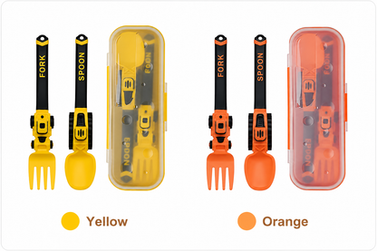 Construction Vehicle Kids Utensil Set 🚜 | 3-Piece Feeding Set with Spoon, Fork & Storage Case | Soft Grip | Dishwasher Safe | Perfect for Travel & Home | Gift Set Utensils