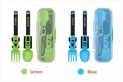 Construction Vehicle Kids Utensil Set 🚜 | 3-Piece Feeding Set with Spoon, Fork & Storage Case | Soft Grip | Dishwasher Safe | Perfect for Travel & Home | Gift Set Utensils