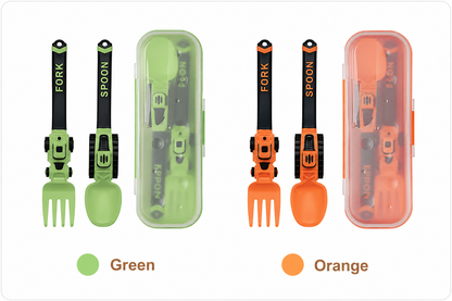 Construction Vehicle Kids Utensil Set 🚜 | 3-Piece Feeding Set with Spoon, Fork & Storage Case | Soft Grip | Dishwasher Safe | Perfect for Travel & Home | Gift Set Utensils