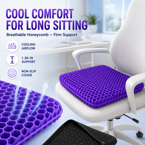 💜💺 Cooling Honeycomb Gel Seat Cushion✨ — Relieve Pressure, Stay Cool & Enjoy All-Day Comfort! ❄️