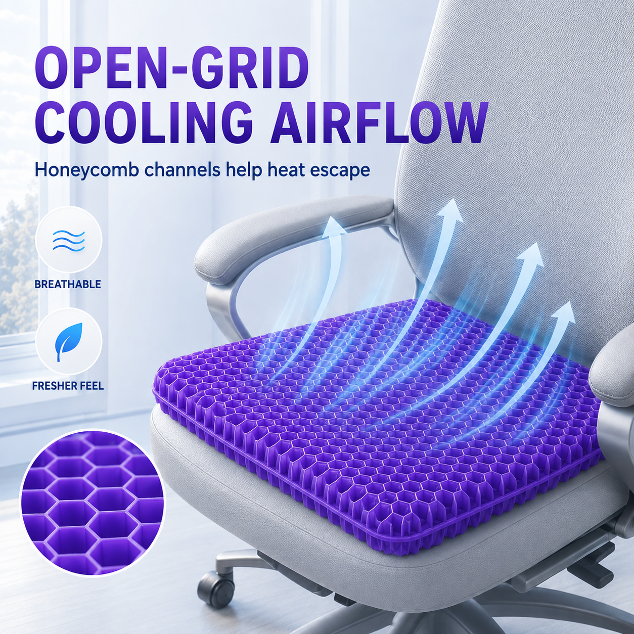 💜💺 Cooling Honeycomb Gel Seat Cushion✨ — Relieve Pressure, Stay Cool & Enjoy All-Day Comfort! ❄️