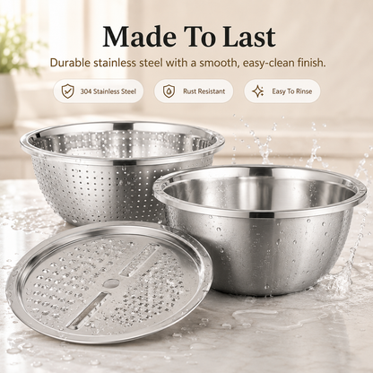 🔥Limited Time-49% OFF🔥3-in-1 Multifunction Kitchen Strainer Set 🥕🥦– Stainless Steel Wash, Drain & Slice Bowl