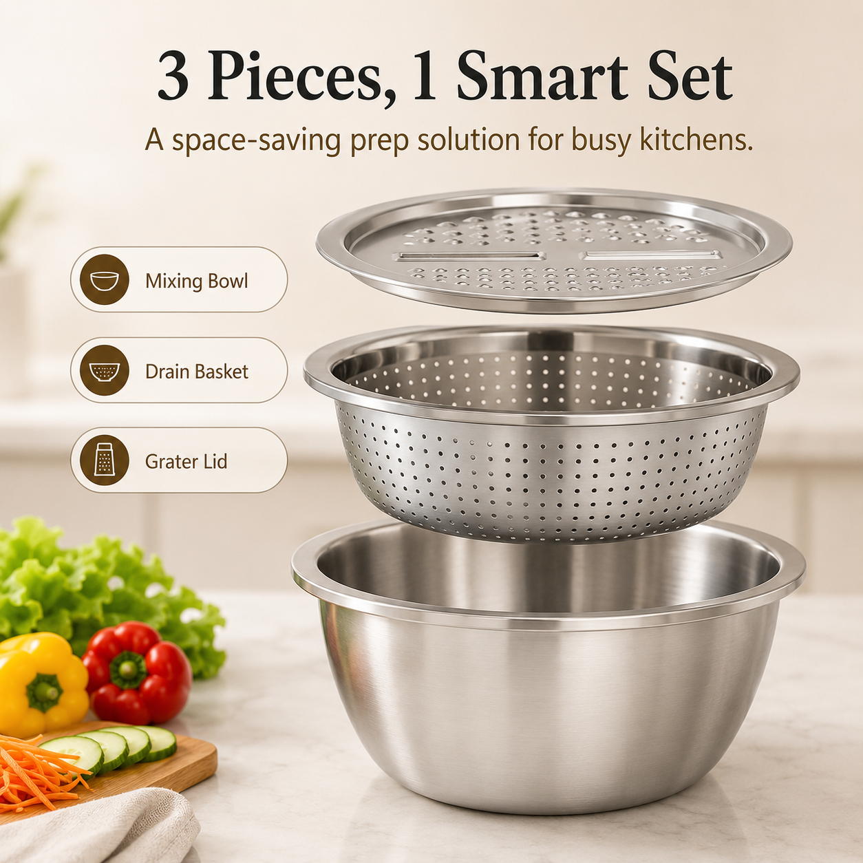 🔥Limited Time-49% OFF🔥3-in-1 Multifunction Kitchen Strainer Set 🥕🥦– Stainless Steel Wash, Drain & Slice Bowl