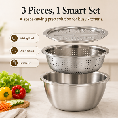 🔥Limited Time-49% OFF🔥3-in-1 Multifunction Kitchen Strainer Set 🥕🥦– Stainless Steel Wash, Drain & Slice Bowl