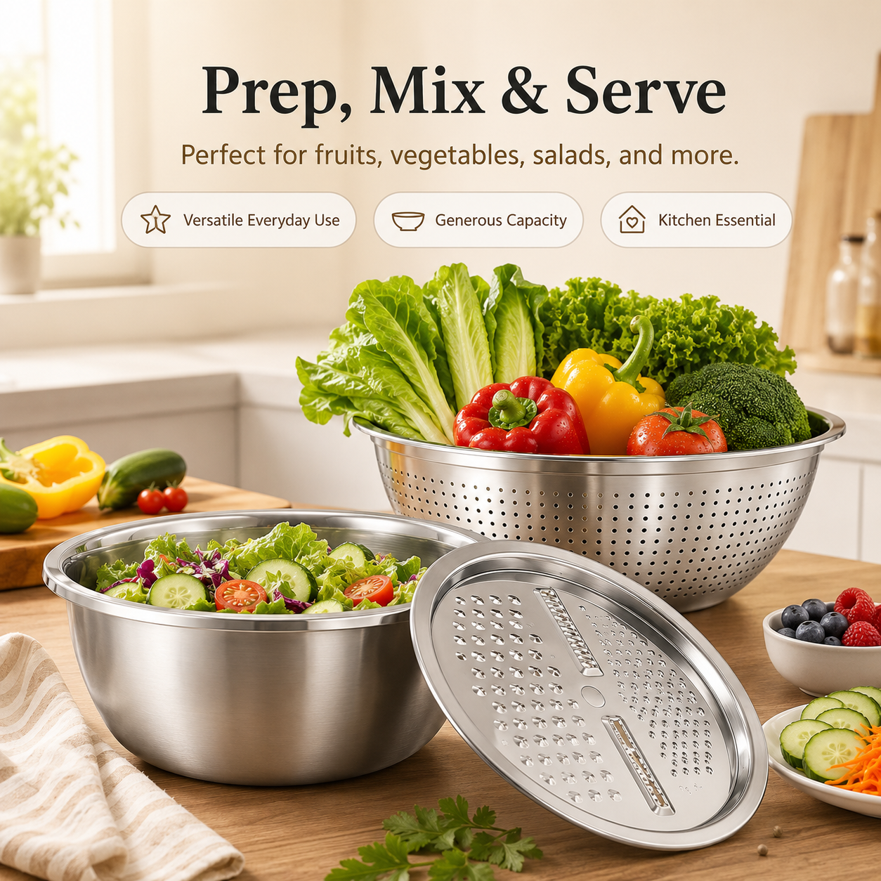 🔥Limited Time-49% OFF🔥3-in-1 Multifunction Kitchen Strainer Set 🥕🥦– Stainless Steel Wash, Drain & Slice Bowl