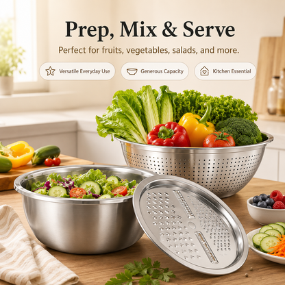 🔥Limited Time-49% OFF🔥3-in-1 Multifunction Kitchen Strainer Set 🥕🥦– Stainless Steel Wash, Drain & Slice Bowl