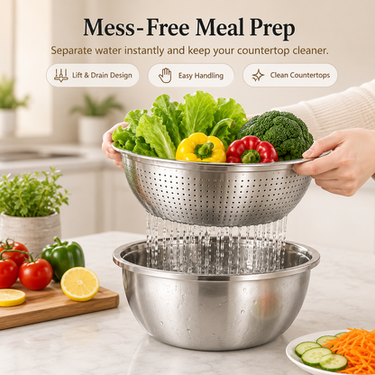 🔥Limited Time-49% OFF🔥3-in-1 Multifunction Kitchen Strainer Set 🥕🥦– Stainless Steel Wash, Drain & Slice Bowl