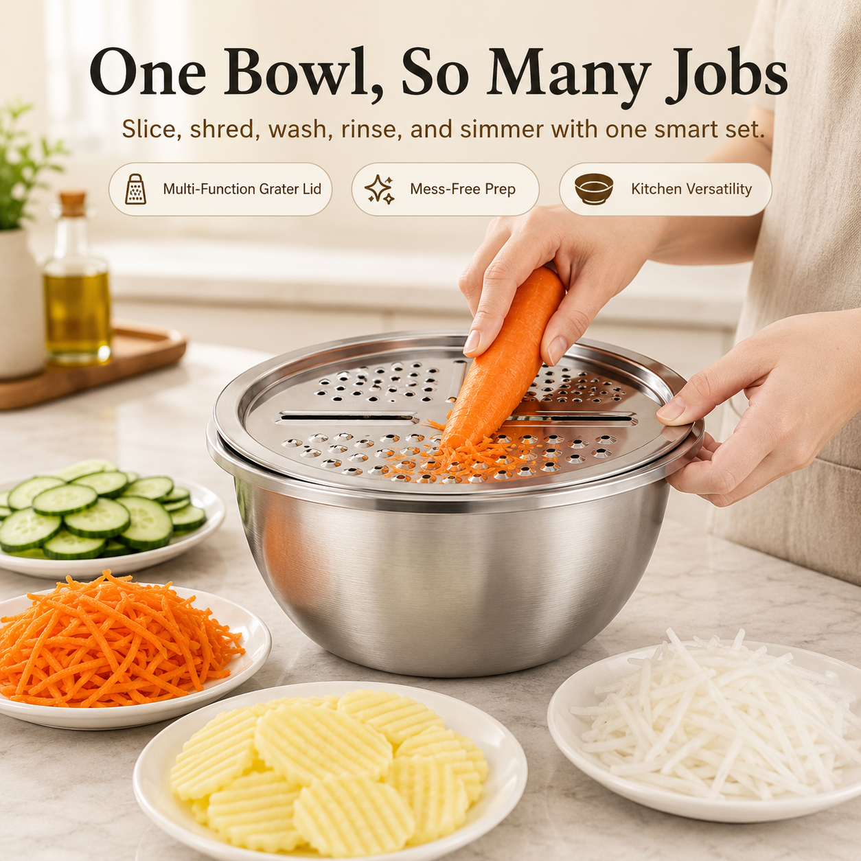 🔥Limited Time-49% OFF🔥3-in-1 Multifunction Kitchen Strainer Set 🥕🥦– Stainless Steel Wash, Drain & Slice Bowl