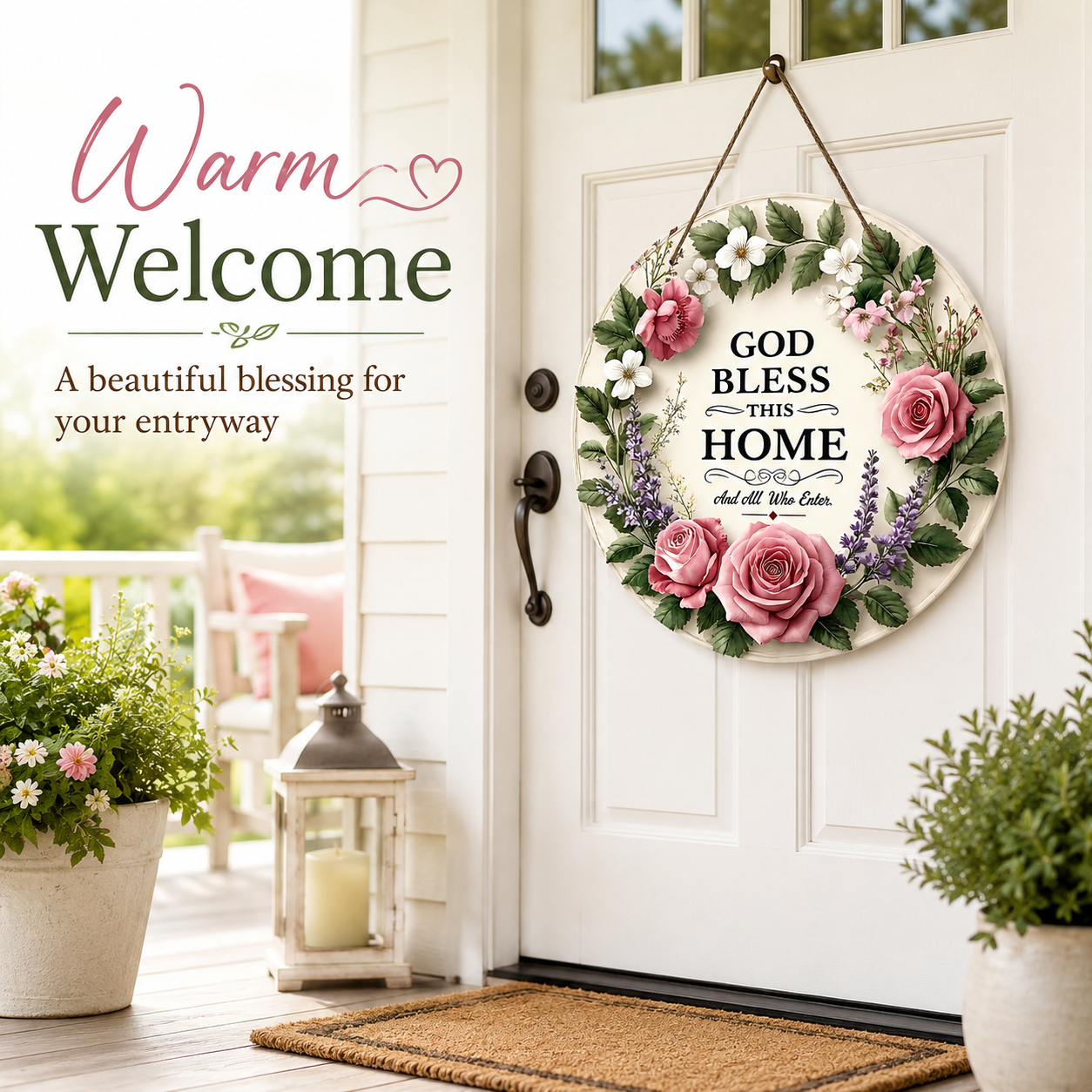 [Father's Day Gift] "God Bless This Home" Round Wooden Sign, Wreath Wall Decoration, Farmhouse Style Front Door Hanging, Inspirational Home Decor, Christian Welcome Sign, Suitable for Porch, Living Room, Housewarming Gift