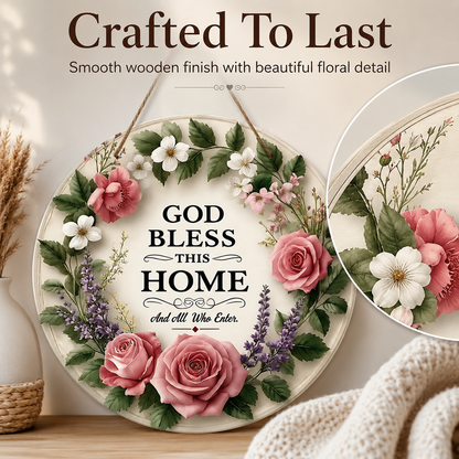 [Father's Day Gift] "God Bless This Home" Round Wooden Sign, Wreath Wall Decoration, Farmhouse Style Front Door Hanging, Inspirational Home Decor, Christian Welcome Sign, Suitable for Porch, Living Room, Housewarming Gift