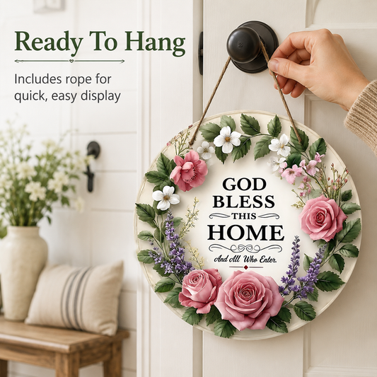 [Father's Day Gift] "God Bless This Home" Round Wooden Sign, Wreath Wall Decoration, Farmhouse Style Front Door Hanging, Inspirational Home Decor, Christian Welcome Sign, Suitable for Porch, Living Room, Housewarming Gift