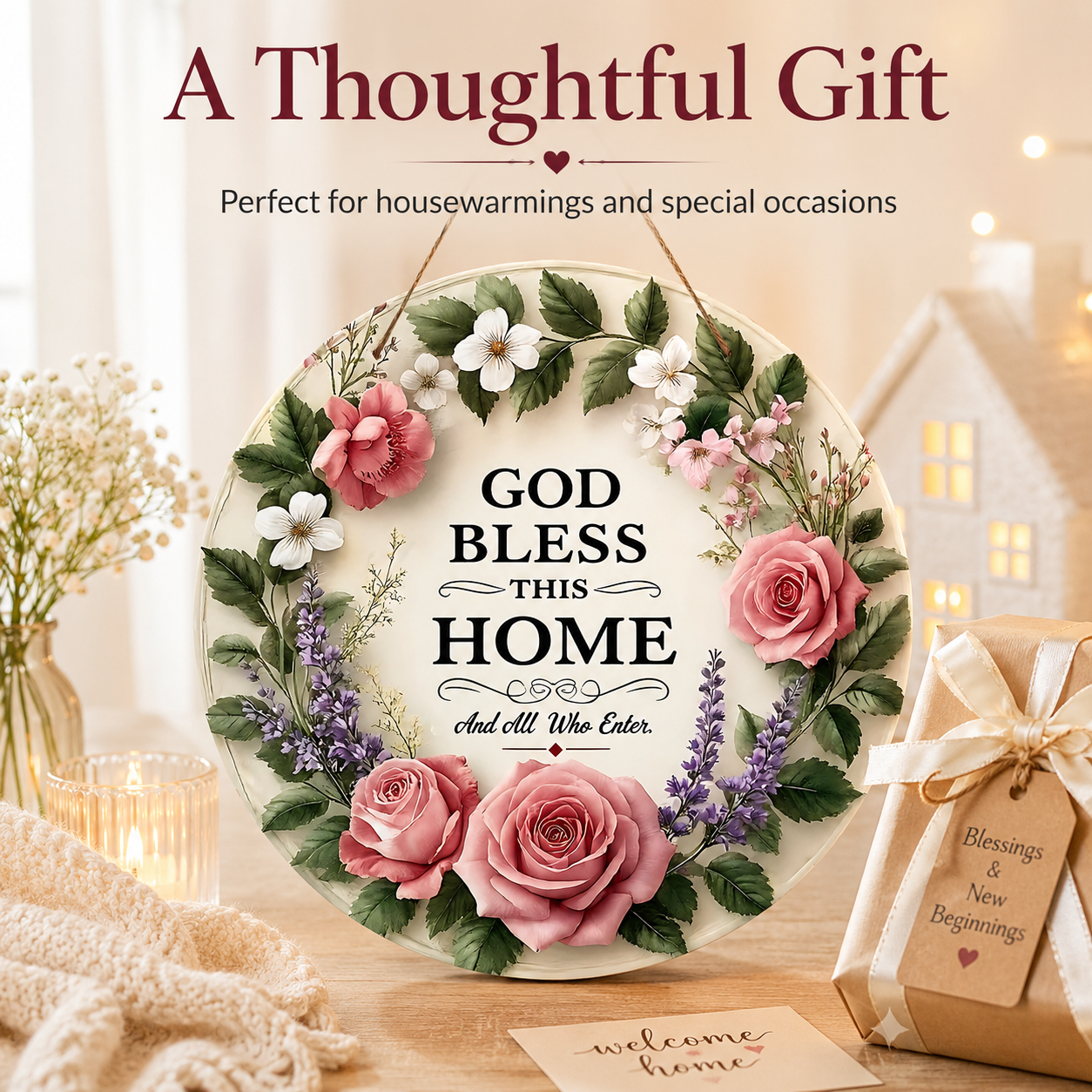 [Father's Day Gift] "God Bless This Home" Round Wooden Sign, Wreath Wall Decoration, Farmhouse Style Front Door Hanging, Inspirational Home Decor, Christian Welcome Sign, Suitable for Porch, Living Room, Housewarming Gift