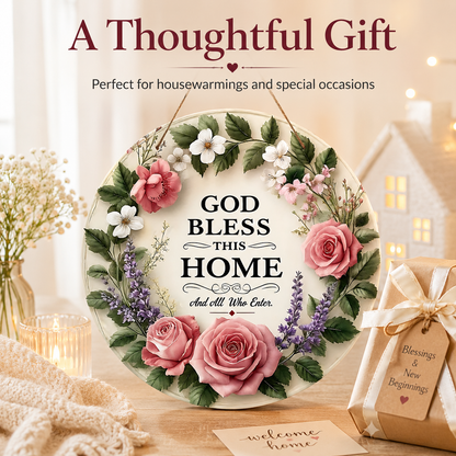 [Father's Day Gift] "God Bless This Home" Round Wooden Sign, Wreath Wall Decoration, Farmhouse Style Front Door Hanging, Inspirational Home Decor, Christian Welcome Sign, Suitable for Porch, Living Room, Housewarming Gift