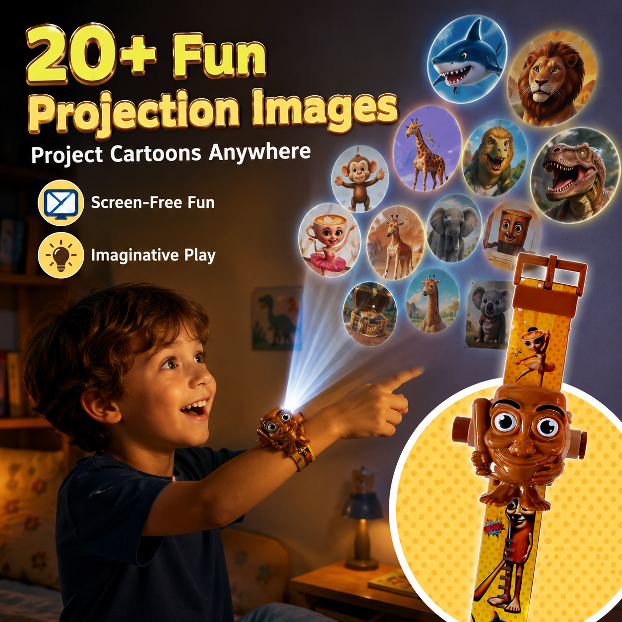 Kids Cartoon Projection Watch, 20+ Animal & Character Images Projector Toy Watch, Safe Soft Strap for Toddlers 3+ Years