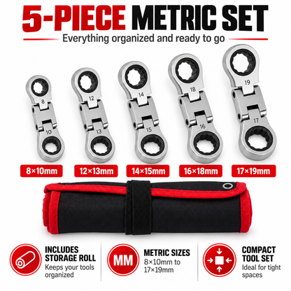 💯🛠️ 5-Piece Stubby Flex Head Ratchet Wrench Set | 72-Tooth Metric Mechanic Tools