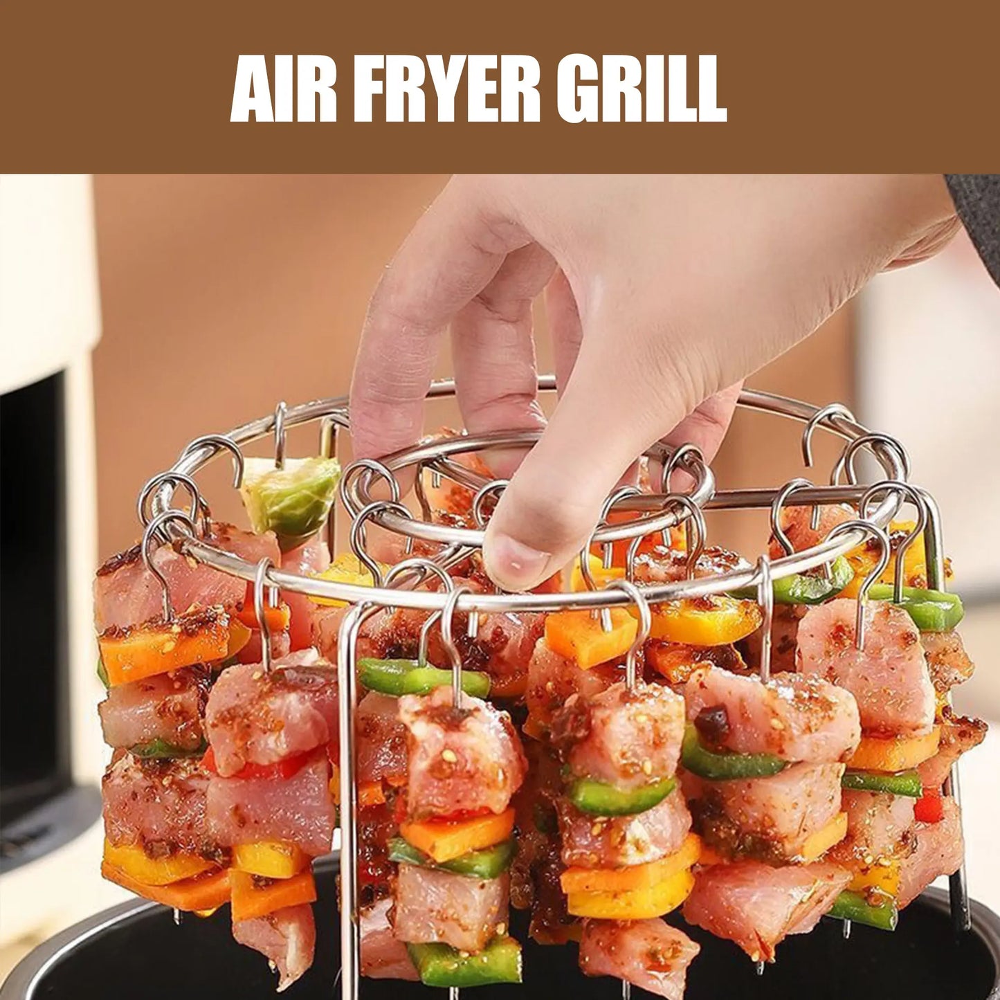 2 Pack Stainless Steel Air Fryer Skewer Rack, 360° No Flip Kabob Grill Stand